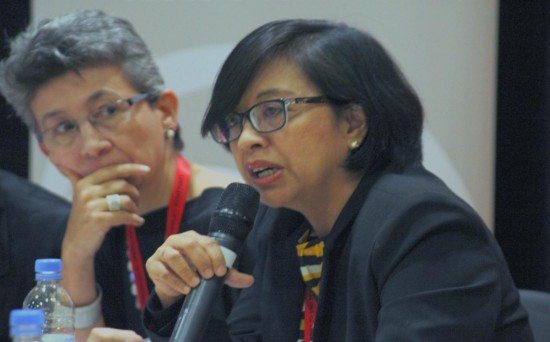 Professor Miriam Coroner-Ferrer (right) speaking at the panel event organised by Conciliation Resources in cooperation with the UK Foreign and Commonwealth Office, the Australian Department for Foreign Affairs and Trade, and ABColombia and entitled 'Women in peace negotiations', as part of the Global Summit, June 2014.    Image credit: (c) Conciliation Resources/Sarah Bradford