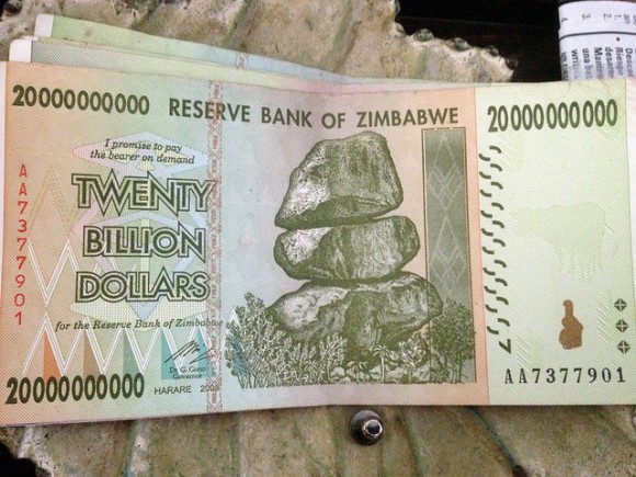 A twenty billion dollar note in Zimbabwe. The country has suffered from hyperinflation.