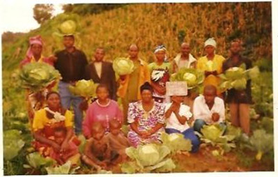 Vulnerable men and women brought together in a solidarity group which produces market garden products. They are in the process of producing cabbages on their community land. PEREX-CV trains them in this field so that they can become self-sufficient and improve their quality of life in Lubero.