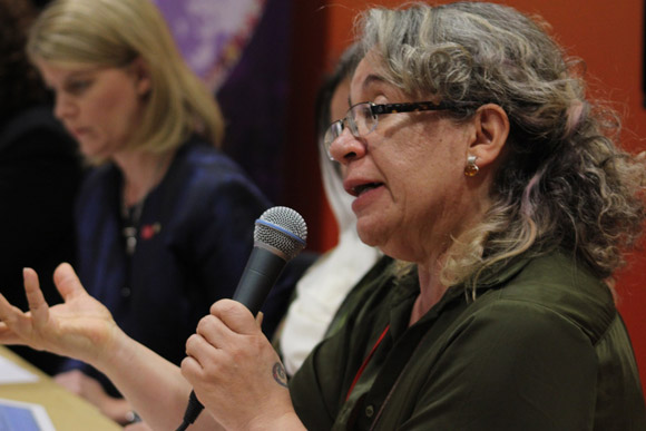 Rosa Emilia Salamanca speaking at the panel event organised by Conciliation Resources in cooperation with the UK Foreign and Commonwealth Office, the Australian Department for Foreign Affairs and Trade, and ABColombia and entitled 'Women in peace negotiations', as part of the Global Summit, June 2014. Image credit: (c) Conciliation Resources/Sarah Bradford